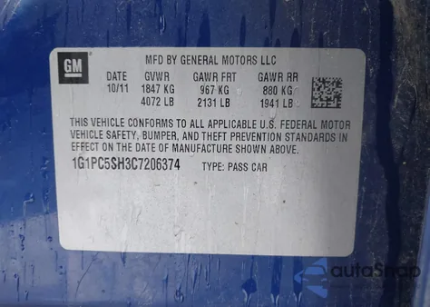 2012 Chevrolet Cruze Ls from USA, damaged, VIN 1G1PC5SH3C7206374